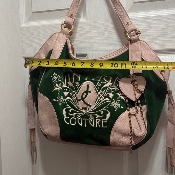Y2K VINTAGE Juicy Couture Green PINK PLUSH VELOUR DAYDREAMER Shoulder Bag Purse - Picture 11 of 17